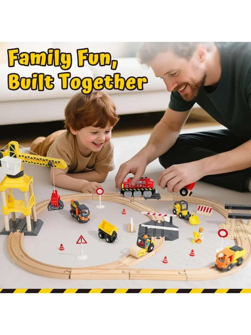 Wooden Train Set for Kids | Construction Toys w/ Crane & Track | Toddler Gift